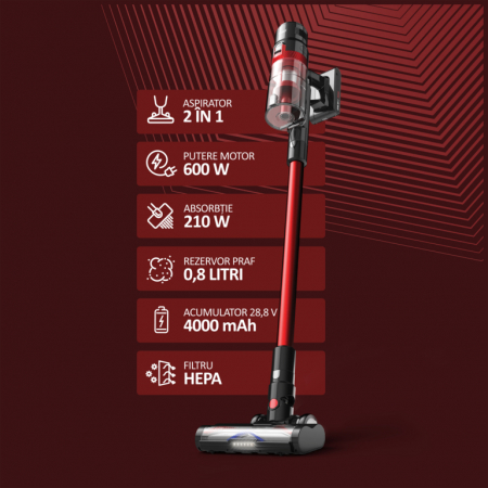 Aspirator vertical Samus Hurricane Max Pro, ciclonic, aspirare uscata, pentru uz casnic si auto, filtru Hepa + inox, 0.8 litri,  perie electrica rotativa cu LED-uri, 3 trepte de putere, Rosu [8]