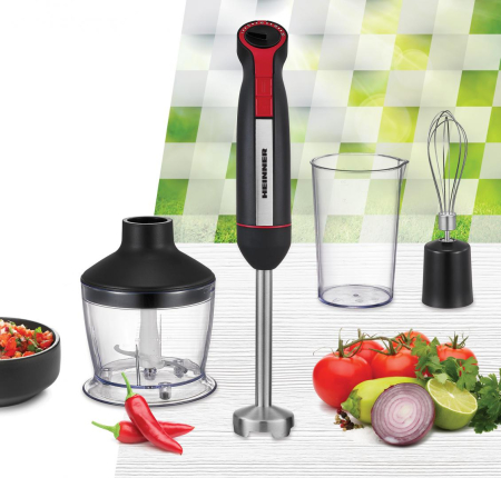 Blender de Mână Heinner HHB-DC1200BKRD, 1200 W, Motor DC, Viteză Variabilă + Turbo, Picior și Lame Inox, Tel, Tocător 500 ml, Cană 600 ml, Negru/Roșu [1]