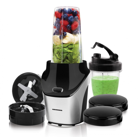 Blender Sport Heinner HSB-T1000SS, 1000 W, 18000 RPM, 4 Lame Inox, 2 Recipiente Tritan 450 ml și 1 L, Râșniță Inclusă, Capace Portabile, Negru [1]