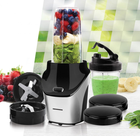 Blender Sport Heinner HSB-T1000SS, 1000 W, 18000 RPM, 4 Lame Inox, 2 Recipiente Tritan 450 ml și 1 L, Râșniță Inclusă, Capace Portabile, Negru [4]