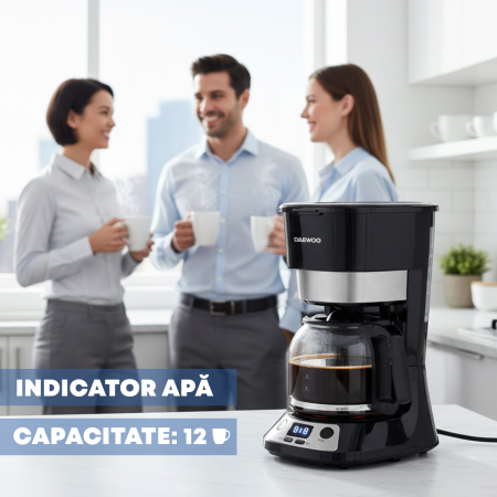 Cafetiera Daewoo DCM90BX, 900 W, capacitate 1.5 litri, display LCD, filtru permanent, anti-picurare, timer, functie pornire automata, mentinere cald 40 min, Negru/Inox [3]