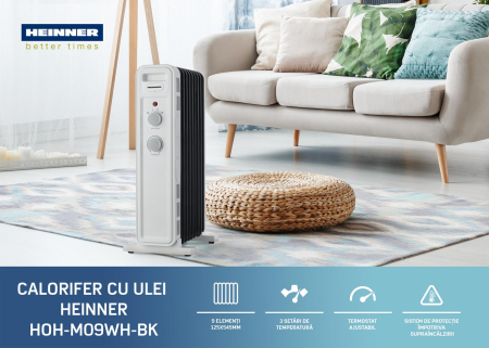 Calorifer Electric cu Ulei Heinner HOH-M09WH-BK, 2000 W, 9 Elemenți, 3 Trepte de Putere 800/1200/2000 W, Termostat Reglabil, Protecție Supraîncălzire și Răsturnare, Control Mecanic, Roti pentru Transp [4]