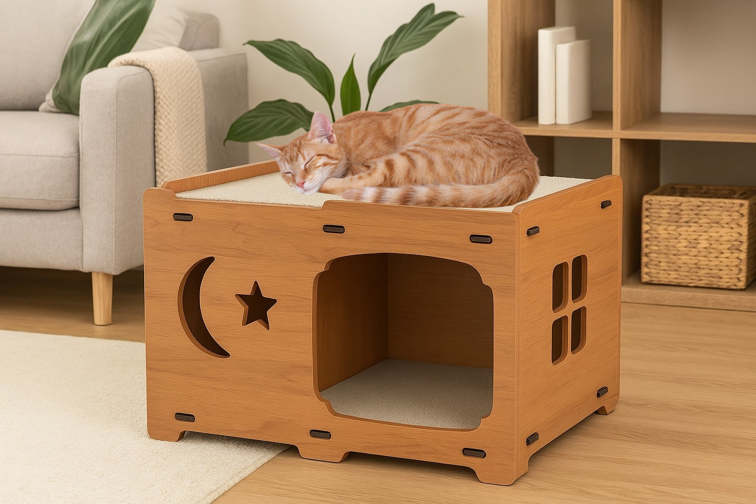 Cusca/padoc/tarc - Căsuță din MDF pentru pisici BUNTZ, cu terasă și 2 plăci de zgâriat, personalizabilă, 59x28.5x35 cm, Maro, pentru interior
