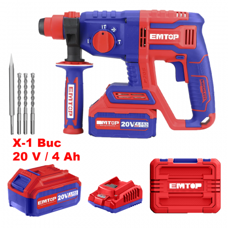 BRICOLAJ - Ciocan rotopercutor cu 1 acumulator 4.0Ah, motor fara perii (brushless), 22mm, 2.0J, 3 burghie, cutie de transport - ELRH202081, EMTOP