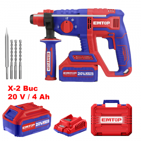 BRICOLAJ - Ciocan rotopercutor cu 2 acumulator 4.0Ah, 22mm, motor fara perii (brushless), cutie de transport - ELRH202287, EMTOP