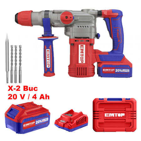 BRICOLAJ - Ciocan rotopercutor cu 2 acumulatori 4.0Ah, motor fara perii (brushless), 28mm, 2.0J, 3 burghie, cutie de transport - ELRH202882, EMTOP