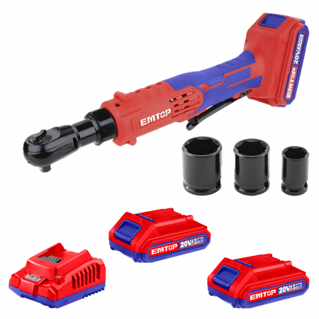 BRICOLAJ - Clichet 3/8" 65Nm cu 3 tubulare incluse și 2 acumulatori 2.0Ah litiu-ion + încărcător rapid – EDRL2060151, EMTOP