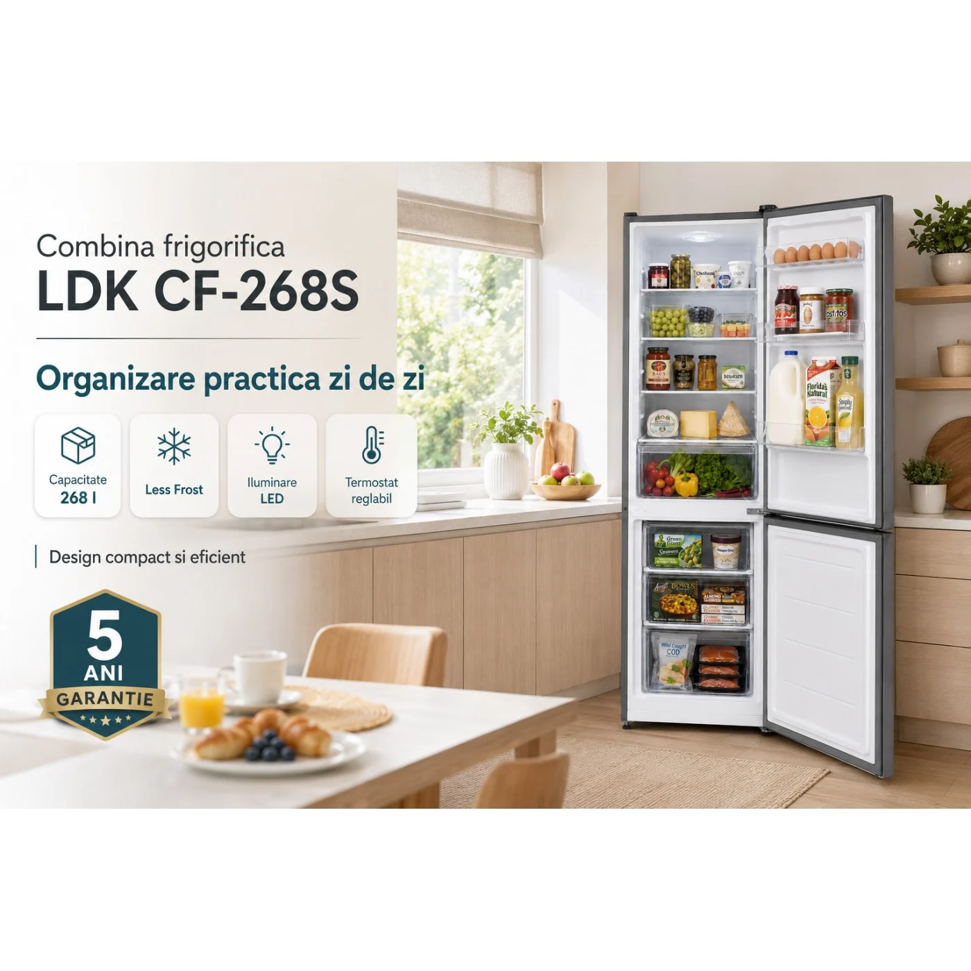 Combina frigorifica LDK CF-268S, Capacitate 268 l, Less Frost, Termostat reglabil, Iluminare LED, H 175 cm, Clasa E, Argintiu [6]