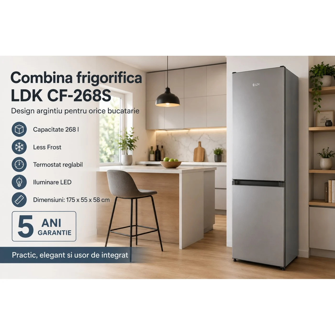 Combina frigorifica LDK CF-268S, Capacitate 268 l, Less Frost, Termostat reglabil, Iluminare LED, H 175 cm, Clasa E, Argintiu [7]