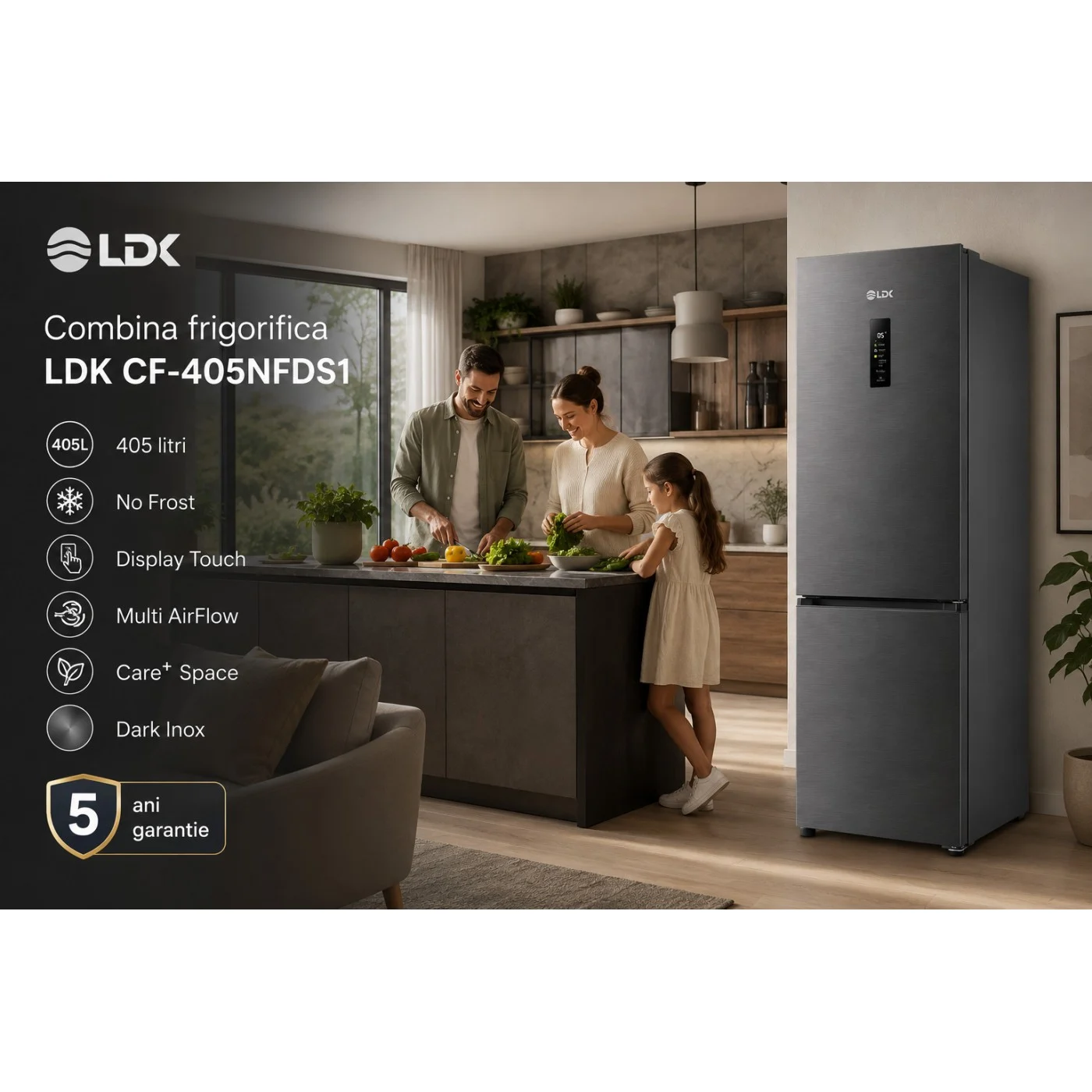 Combina frigorifica LDK CF-405NFDS1, Capacitate 405 l, No Frost, Control Touch, Multi AirFlow, Care+ Space, H 199 cm, Dark Inox [11]