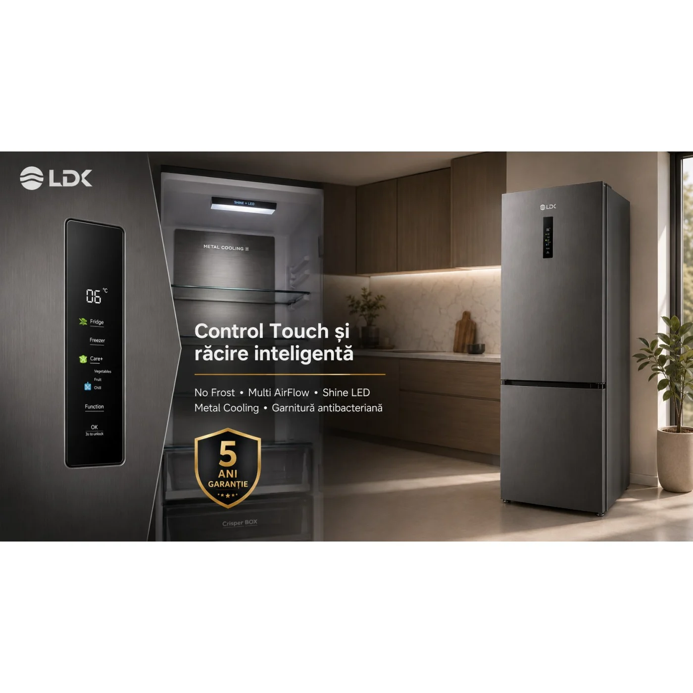 Combina frigorifica LDK CF-405NFDS2, Capacitate 405 l, No Frost, Control Touch, Multi AirFlow, Cripser Box, Care+ Space, Dark Inox [10]