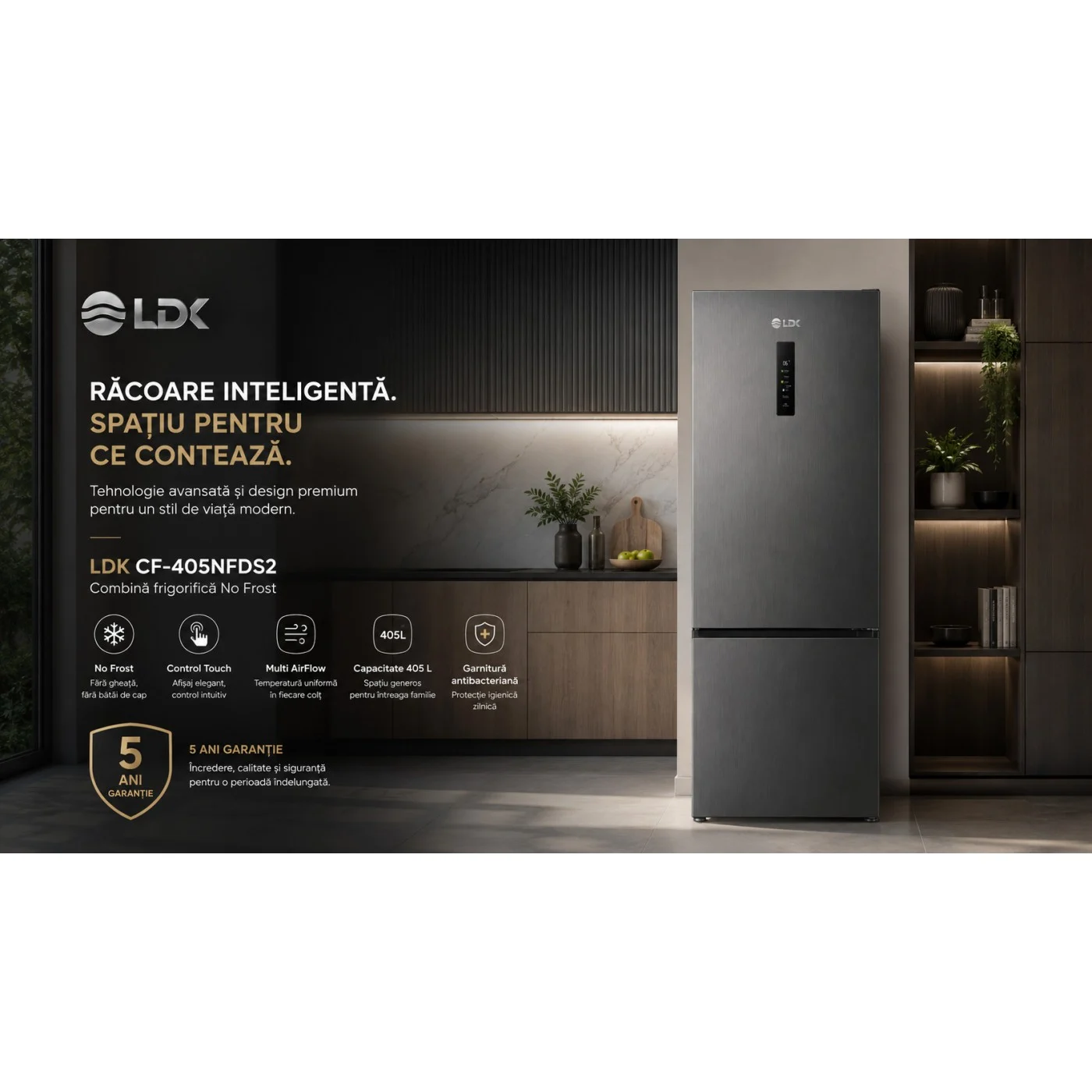 Combina frigorifica LDK CF-405NFDS2, Capacitate 405 l, No Frost, Control Touch, Multi AirFlow, Cripser Box, Care+ Space, Dark Inox [8]