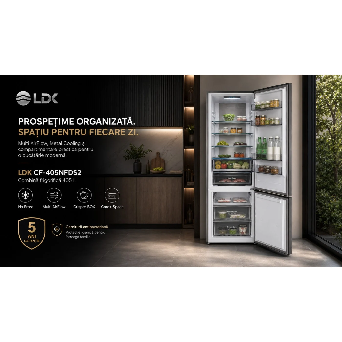 Combina frigorifica LDK CF-405NFDS2, Capacitate 405 l, No Frost, Control Touch, Multi AirFlow, Cripser Box, Care+ Space, Dark Inox [9]