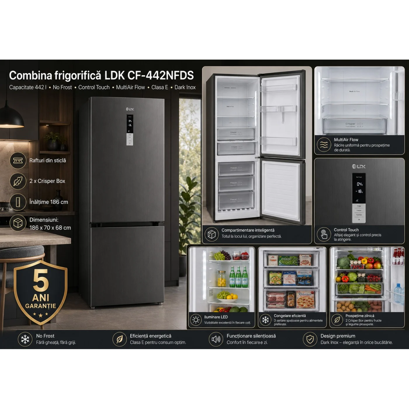 Combina frigorifica LDK CF-442NFDS, Capacitate 442 l, Latime 70 cm, Control Touch, MultiAir Flow, Rafturi Sticla, Crisper Box, H 186 cm, Clasa E, Dark Inox [8]