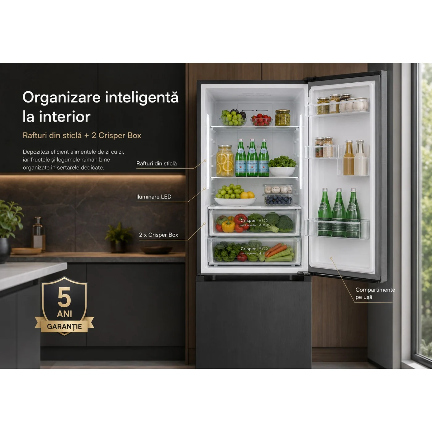 Combina frigorifica LDK CF-442NFDS, Capacitate 442 l, Latime 70 cm, Control Touch, MultiAir Flow, Rafturi Sticla, Crisper Box, H 186 cm, Clasa E, Dark Inox [11]