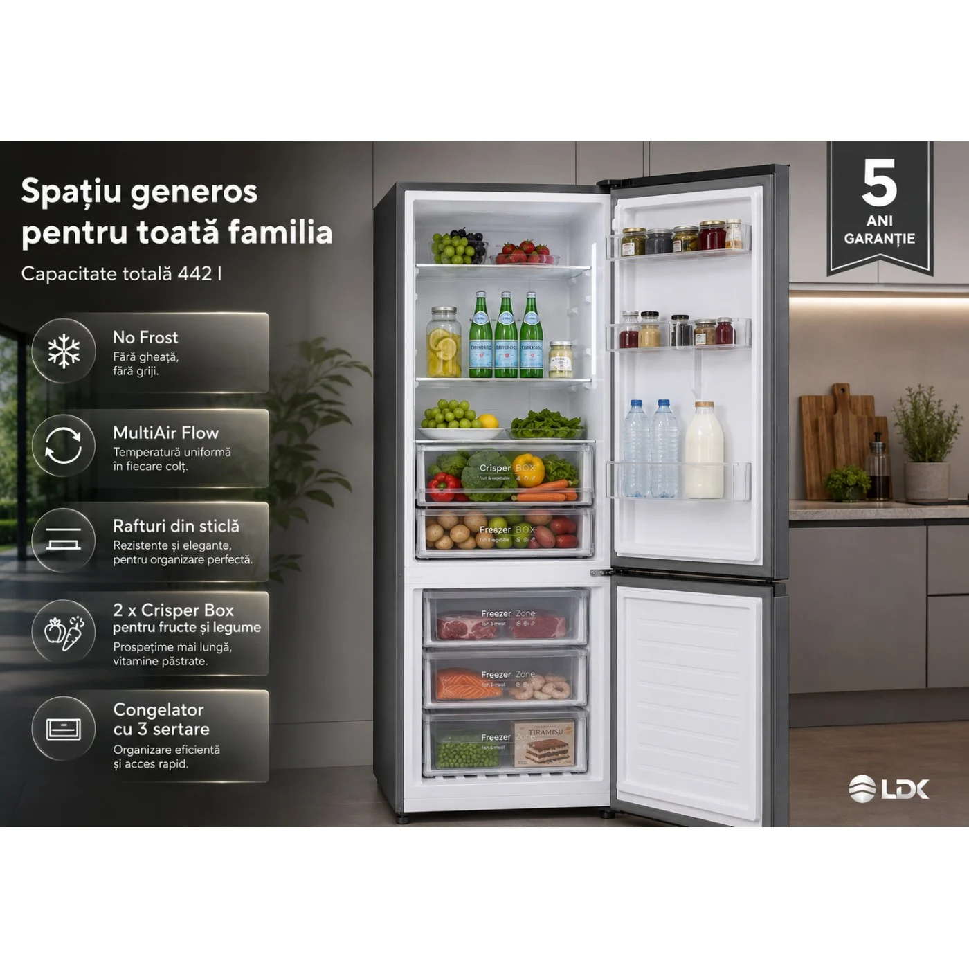 Combina frigorifica LDK CF-442NFDS, Capacitate 442 l, Latime 70 cm, Control Touch, MultiAir Flow, Rafturi Sticla, Crisper Box, H 186 cm, Clasa E, Dark Inox [9]