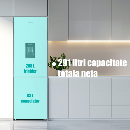Combina frigorifică Samus SCW396NFDE, 286 L net (210 L frigider + 83 L congelator), Full No‑Frost, dozator de apă, LED, clasa E, uși reversibile [6]
