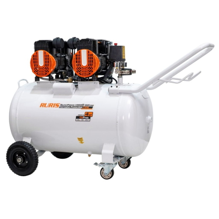Compresoare - Compresor aer RURIS Silent Power 10000 OilFree, 3000W, 100L, 8 bar, debit 528 l/min, silențios, fără ulei, 2 cilindri, 2 ieșiri cu manometru, protecții multiple, roți transport