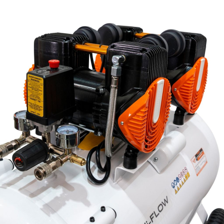 Compresor aer RURIS Silent Power 10000 OilFree, 3000W, 100L, 8 bar, debit 528 l/min, silențios, fără ulei, 2 cilindri, 2 ieșiri cu manometru, protecții multiple, roți transport [4]