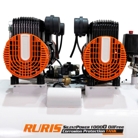 Compresor aer RURIS Silent Power 10000 OilFree, 3000W, 100L, 8 bar, debit 528 l/min, silențios, fără ulei, 2 cilindri, 2 ieșiri cu manometru, protecții multiple, roți transport [7]