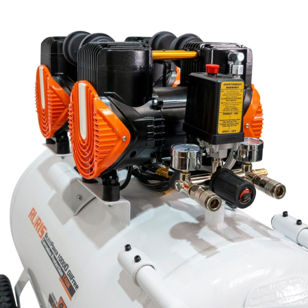 Compresor aer RURIS Silent Power 10000 OilFree, 3000W, 100L, 8 bar, debit 528 l/min, silențios, fără ulei, 2 cilindri, 2 ieșiri cu manometru, protecții multiple, roți transport [6]