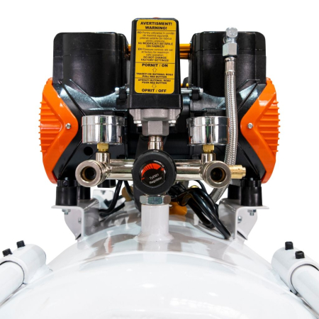 Compresor aer RURIS Silent Power 10000 OilFree, 3000W, 100L, 8 bar, debit 528 l/min, silențios, fără ulei, 2 cilindri, 2 ieșiri cu manometru, protecții multiple, roți transport [5]