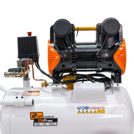 Compresor aer RURIS Silent Power 2400 OilFree, 1500W (2 CP), 24L, 8 bar, debit 236 l/min, silențios, fără ulei, 2 cilindri, 2 ieșiri cu manometru, protecții multiple [4]
