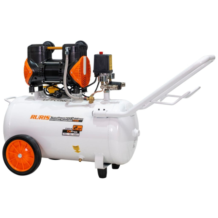 BRICOLAJ - Compresor aer RURIS Silent Power 5000 OilFree, 1500W (2 CP), 50L, 8 bar, debit 236 l/min, silențios, fără ulei, 2 cilindri, 2 ieșiri cu manometru, protecții multiple, roți transport