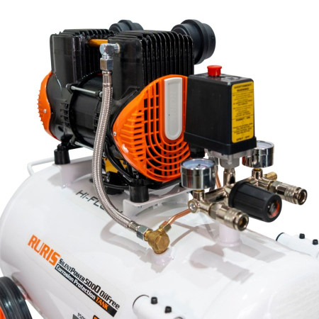 Compresor aer RURIS Silent Power 5000 OilFree, 1500W (2 CP), 50L, 8 bar, debit 236 l/min, silențios, fără ulei, 2 cilindri, 2 ieșiri cu manometru, protecții multiple, roți transport [7]