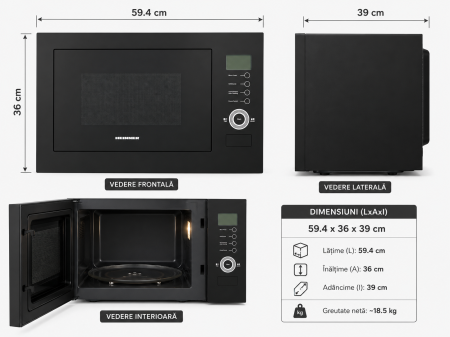 Cuptor cu microunde incorporabil Heinner HMW-25BIGBK, 25 L, 900 W, Grill, Display LCD, Sticla Neagra [1]
