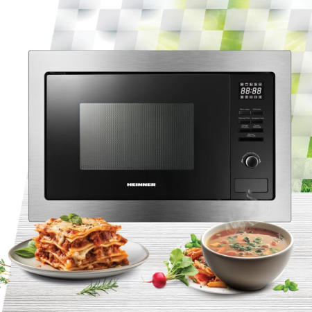 Cuptor cu microunde incorporabil Heinner HMW-MDBI25GDIX, 25L, 900W, Grill 1000W, Control digital, 10 programe, Afisaj digital, Inox/Negru [1]