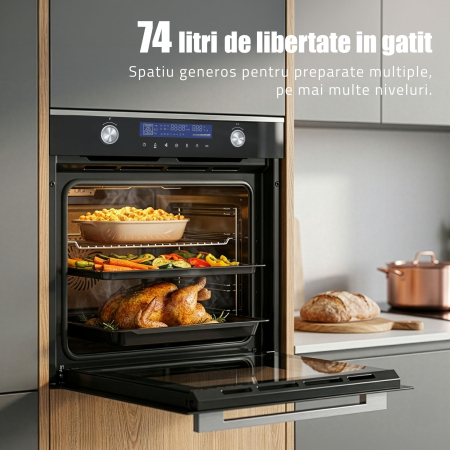 Cuptor Electric 74L, Clasa A+, 13 Funcții, Touch Control LED, Panou Sticlă Neagră – Grill, Convectie 3D, Autocurățare Catalitică + Accesorii Incluse [2]