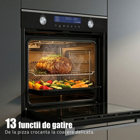Cuptor Electric 74L, Clasa A+, 13 Funcții, Touch Control LED, Panou Sticlă Neagră – Grill, Convectie 3D, Autocurățare Catalitică + Accesorii Incluse [4]