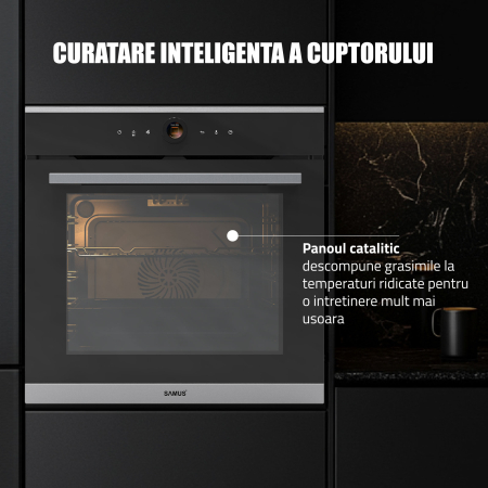 Cuptor Electric 74L, Clasa A+, 15 Funcții, Touch Control TFT, Curatare catalitica, Ventilator, Panou Sticlă Neagră – Grill, Air Fryer + Accesorii Incluse [13]