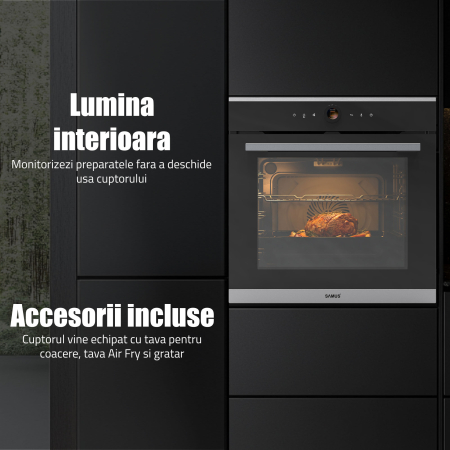 Cuptor Electric 74L, Clasa A+, 15 Funcții, Touch Control TFT, Curatare catalitica, Ventilator, Panou Sticlă Neagră – Grill, Air Fryer + Accesorii Incluse [15]