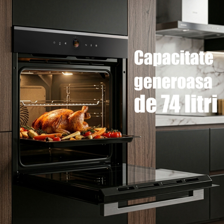 Cuptor Electric 74L, Clasa A+, 15 Funcții, Touch Control TFT, Curatare catalitica, Ventilator, Panou Sticlă Neagră – Grill, Air Fryer + Accesorii Incluse [2]