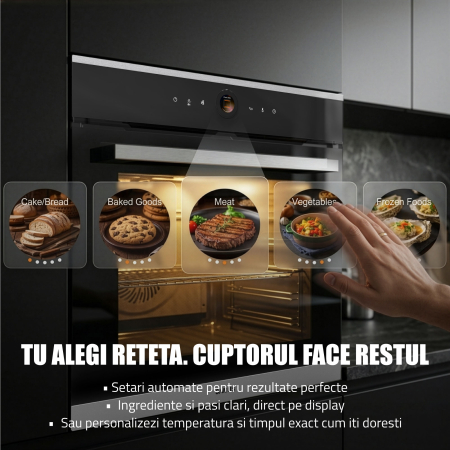 Cuptor Electric 74L, Clasa A+, 15 Funcții, Touch Control TFT, Curatare catalitica, Ventilator, Panou Sticlă Neagră – Grill, Air Fryer + Accesorii Incluse [4]