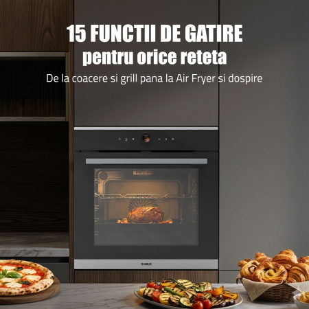 Cuptor Electric 74L, Clasa A+, 15 Funcții, Touch Control TFT, Curatare catalitica, Ventilator, Panou Sticlă Neagră – Grill, Air Fryer + Accesorii Incluse [5]