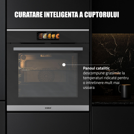 Cuptor Electric 74L, Clasa A+, 15 Funcții, Touch Control TFT, Panou Sticlă Neagră – Grill, Air Fryer, Curatare catalitica, Ventilator, Timer Digital, Deshidratare + Accesorii Incluse [12]