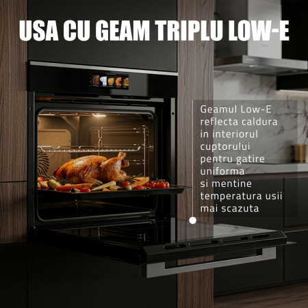 Cuptor Electric 74L, Clasa A+, 15 Funcții, Touch Control TFT, Panou Sticlă Neagră – Grill, Air Fryer, Curatare catalitica, Ventilator, Timer Digital, Deshidratare + Accesorii Incluse [13]