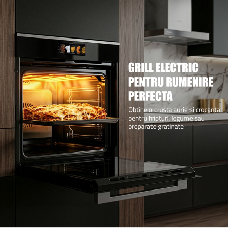 Cuptor Electric 74L, Clasa A+, 15 Funcții, Touch Control TFT, Panou Sticlă Neagră – Grill, Air Fryer, Curatare catalitica, Ventilator, Timer Digital, Deshidratare + Accesorii Incluse [6]
