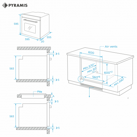 Cuptor electric incorporabil Pyramis 60IN 6070 Megalo Inox, 65L, 8 funcții de gătire, clasa  A, sistem Aqua Clean, control cu butoane rotative mari, ghidaje laterale ambutisate, timer mecanic, finisaj [1]