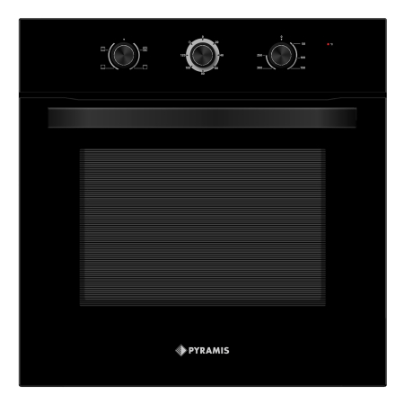 BUCATARIE - Cuptor electric incorporabil Pyramis ECO 9101 Black Glass, volum 65L, 4 funcții de gătire, clasa energetică A, timer mecanic, butoane retractabile și finisaj elegant din sticlă neagră