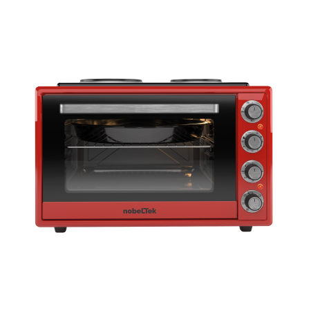 Cuptoare - Cuptor electric NobeLTek, 60L, 2000W, plite electrice 1500w + 1000w, grill, timer, termostat, sticla dubla, ventilator, iluminare, Rosu