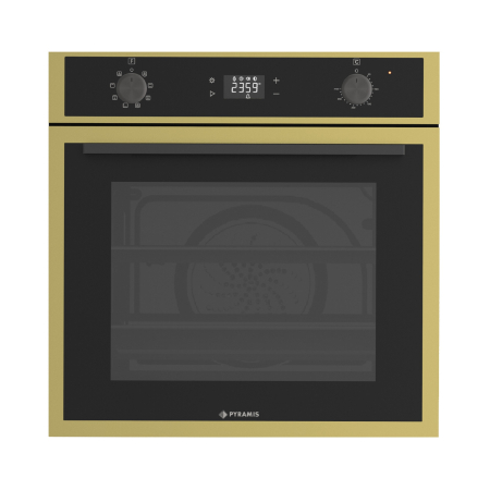 BUCATARIE - Cuptor electric Pyramis 60IN 8080 PVD Gold – 64L, 8 funcții, Touch Control, Soft Close, AirFry, Rotisor, catalitic, sticlă neagră și ramă PVD Gold