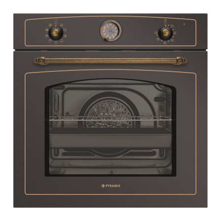 BUCATARIE - Cuptor electric Pyramis 733070 Rustic Black – 9 funcții de gătit, clasa A, volum 73L, Soft Close, timer analog, funcție Pizza, finisaj metal negru, design rustic elegant și ușor de integrat