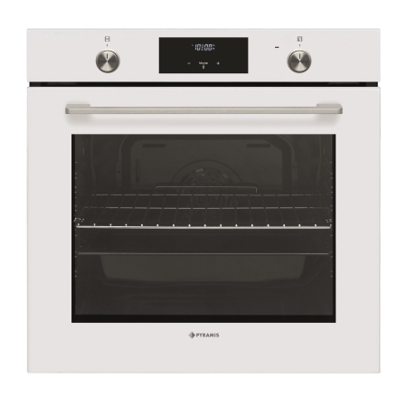 BUCATARIE - Cuptor electric Pyramis PO78062009PWH White Glass, 78L, 9 funcții, clasa A, Soft Close, timer electronic, display touch și butoane retractabile, finisaj sticlă albă