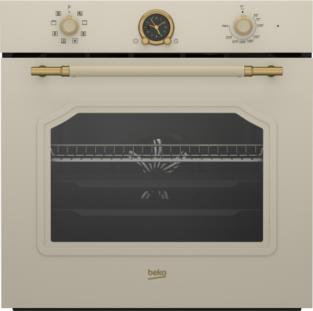 Marelvi - Cuptor incorporabil Beko, 72l, Clasa A, 8 programe, 3D Cooking, AEROperfect, control mecanic, gatire cu ventilare, grill, timer, Retro Crem