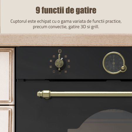 Cuptor incorporabil Electric Rustic 74L, Clasa A, 9 Funcții, Putere cuptor 2610-3110 W, Grill & Convectie 3D, Autocurățare Catalitică, Panou Sticlă Neagră [3]