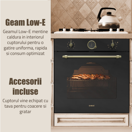 Cuptor incorporabil Electric Rustic 74L, Clasa A, 9 Funcții, Putere cuptor 2610-3110 W, Grill & Convectie 3D, Autocurățare Catalitică, Panou Sticlă Neagră [9]